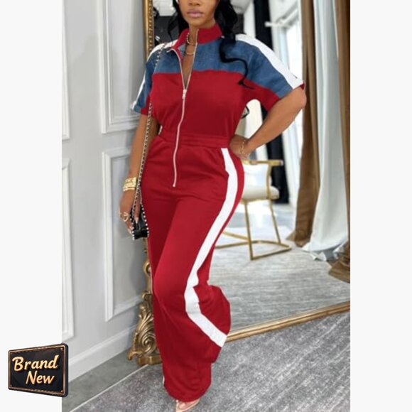 XXL Zip Up Jumpsuit Elastic Waist Wide Leg Sportswear Casual Romper - Picture 2 of 4